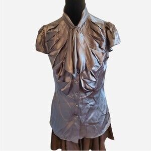 Pixie Hopkins Y2k Silk Satin Pleated Pussybow Blouse Office Siren Size S Goth